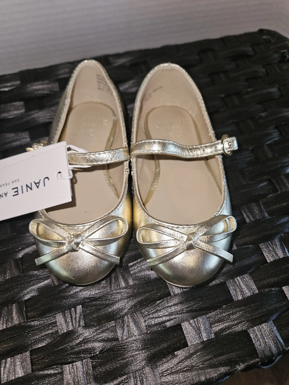 Janie and Jack Girls Metallic Gold Mary Jane Shoes with Bow Accent